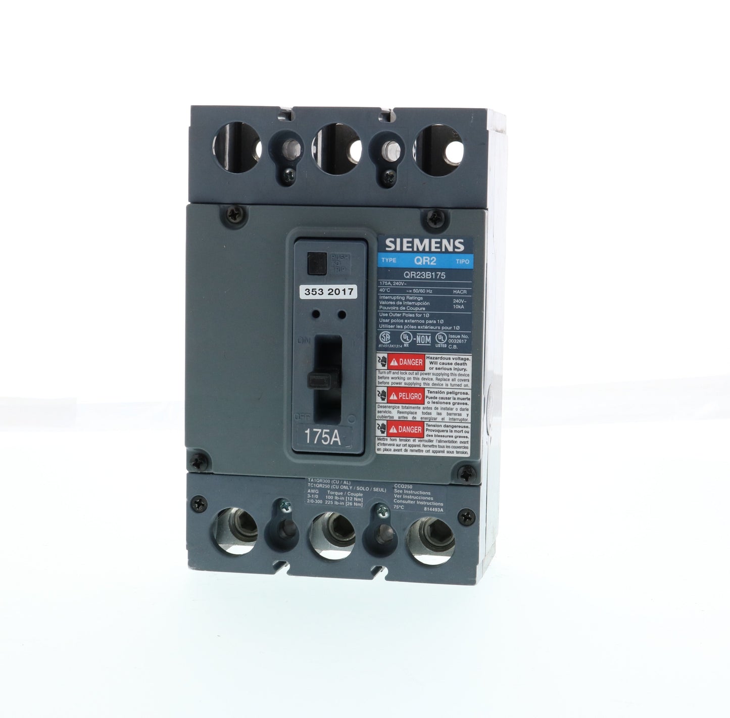 Siemens QR23B175 Circuit Breaker | 240V 175A 3P 10kA@240V Bolt-On QR Series