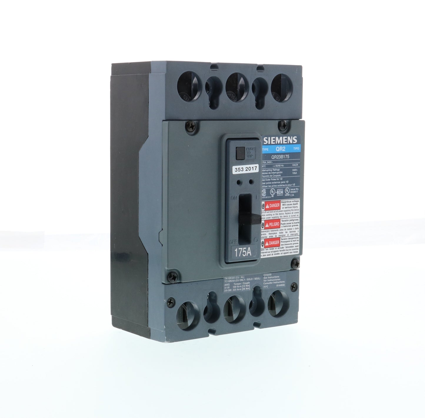 Siemens QR23B175 Circuit Breaker | 240V 175A 3P 10kA@240V Bolt-On QR Series