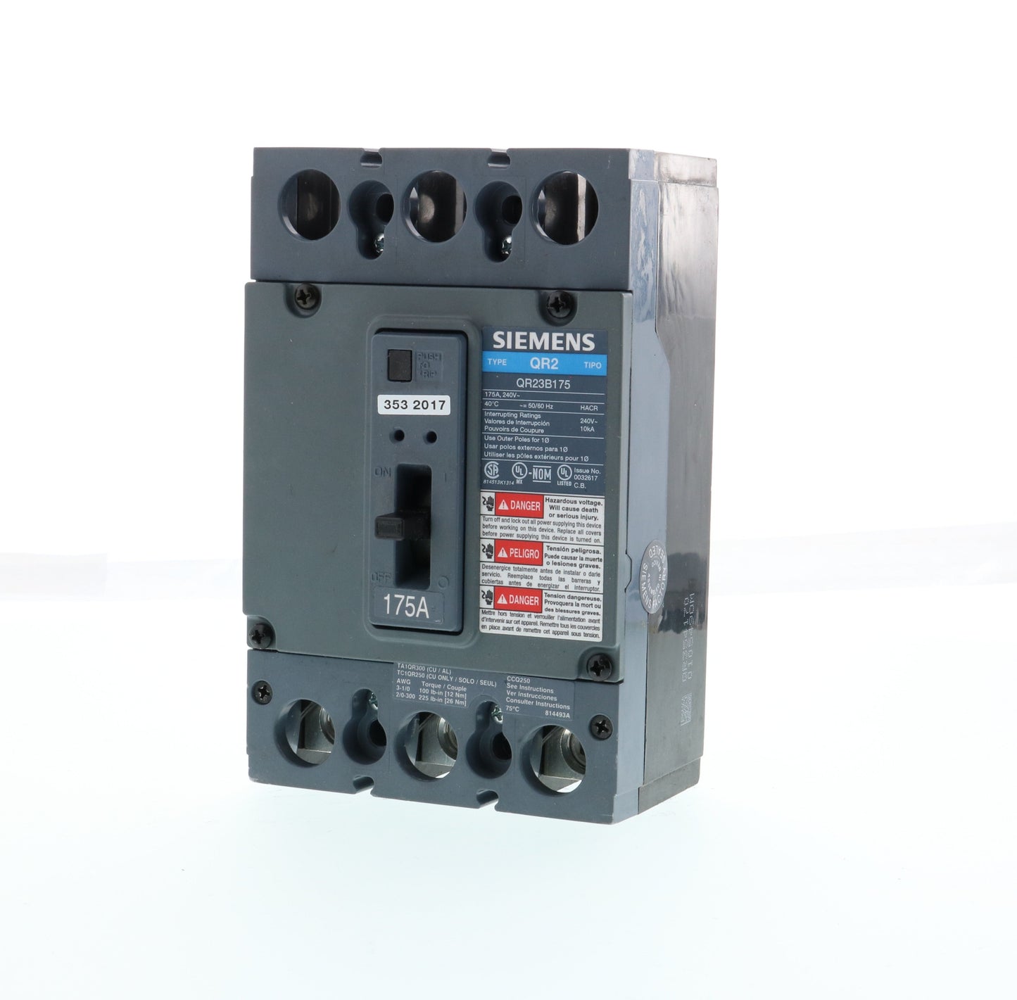 Siemens QR23B175 Circuit Breaker | 240V 175A 3P 10kA@240V Bolt-On QR Series