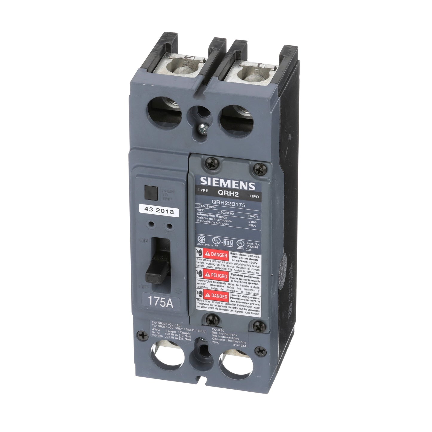 Siemens QRH22B175L Circuit Breaker | 240V 175A 2P 25kA@240V Feed-Thru QR Series