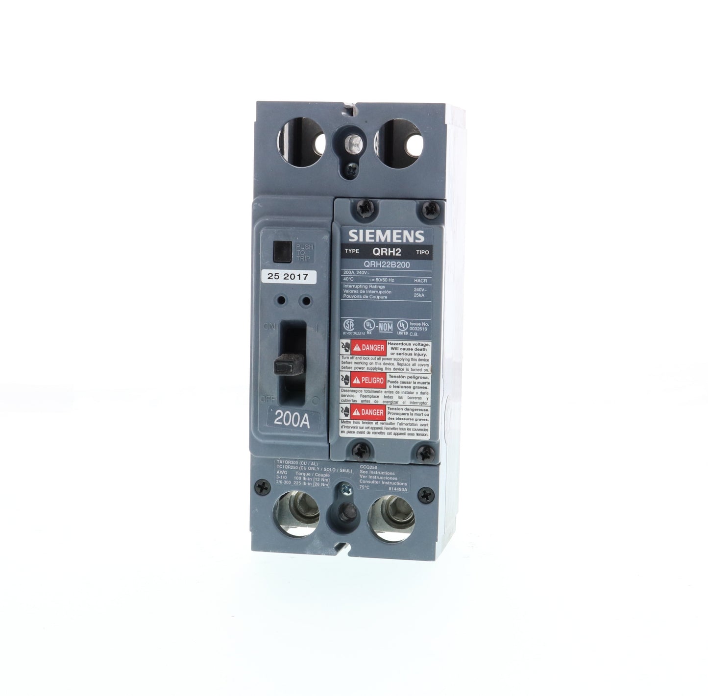 Siemens QRH22B200 Circuit Breaker | 240V 200A 2P 25kA@240V Bolt-On QR Series