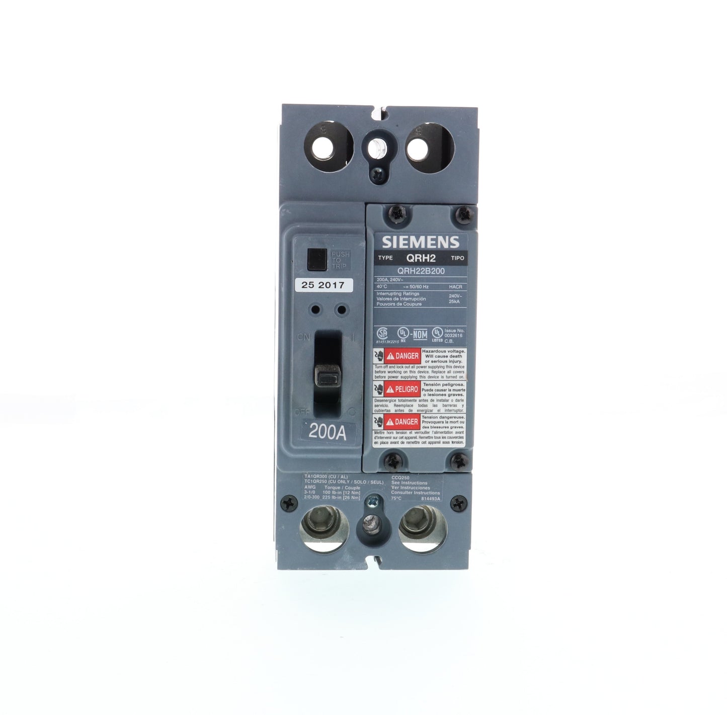 Siemens QRH22B200 Circuit Breaker | 240V 200A 2P 25kA@240V Bolt-On QR Series