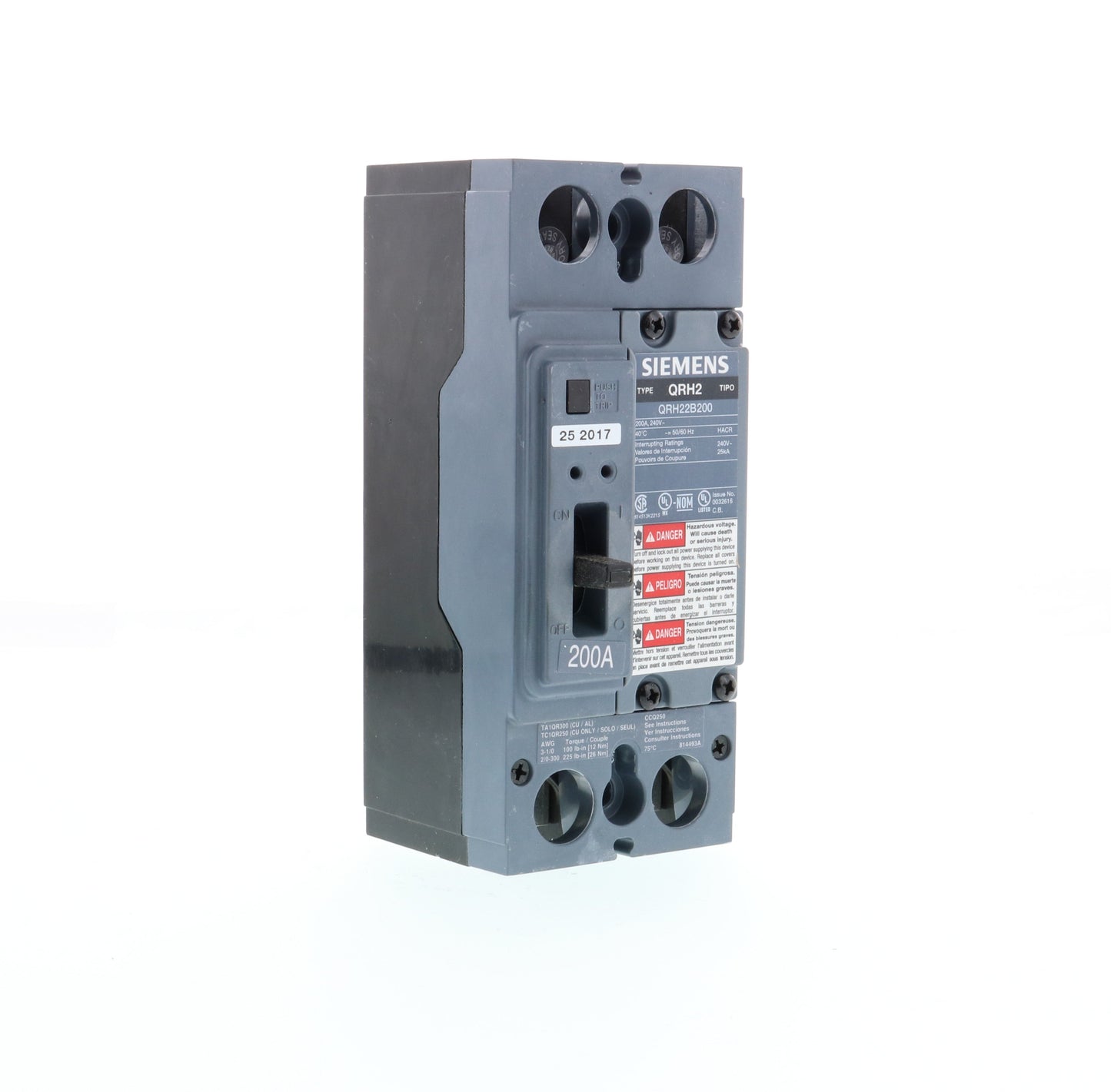 Siemens QRH22B200 Circuit Breaker | 240V 200A 2P 25kA@240V Bolt-On QR Series