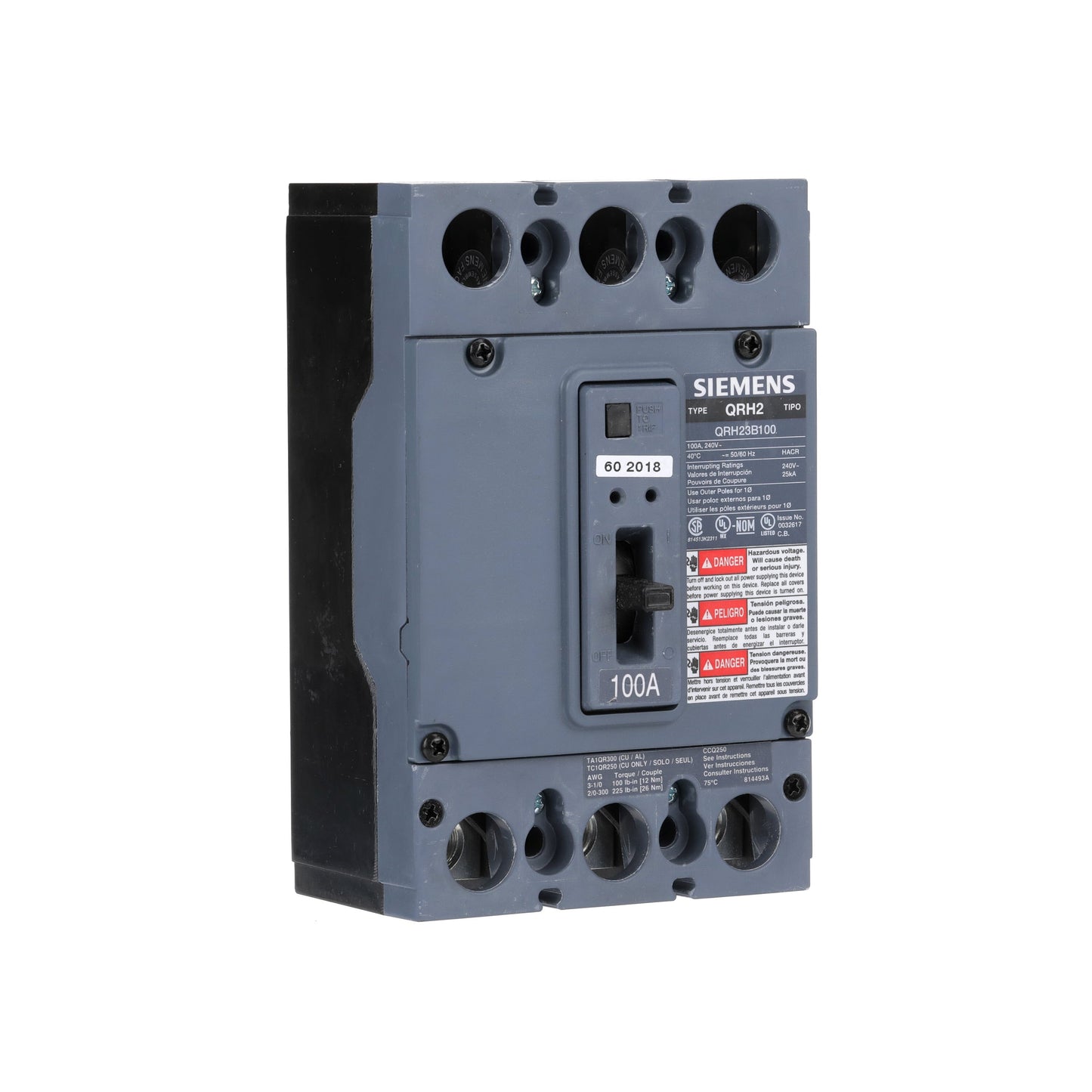 Siemens QRH23B100 Circuit Breaker | 240V 100A 3P 25kA@240V Bolt-On QR Series
