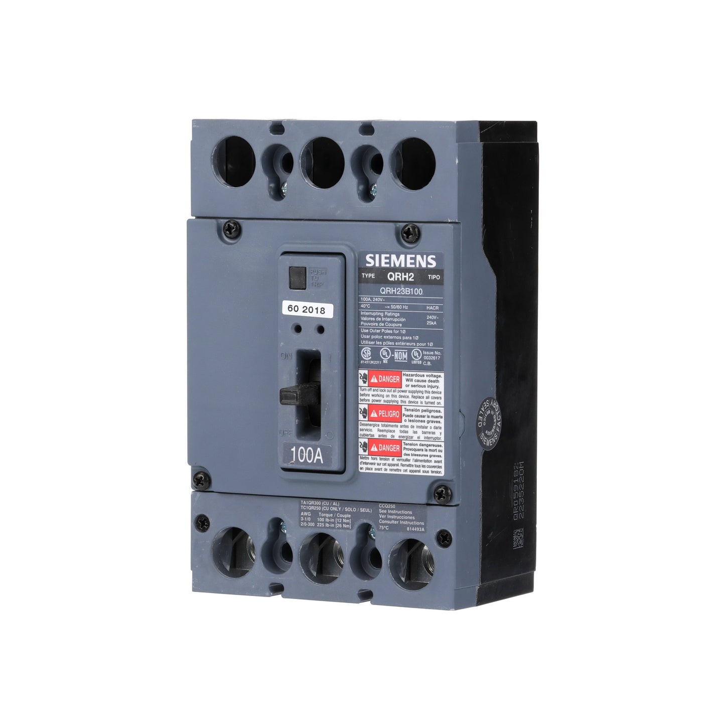 Siemens QRH23B100 Circuit Breaker | 240V 100A 3P 25kA@240V Bolt-On QR Series