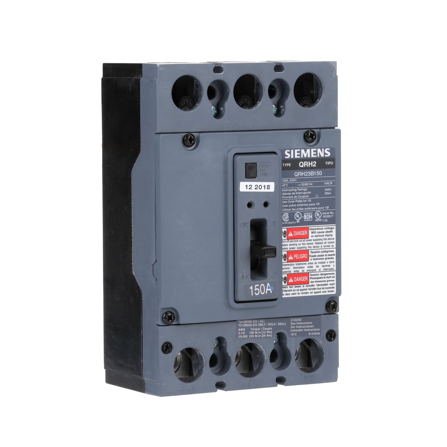 Siemens QRH23B150 Circuit Breaker | 240V 150A 3P 25kA@240V Bolt-On QR Series