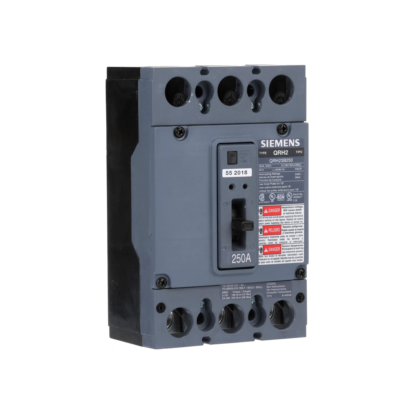 Siemens QRH23B250 Circuit Breaker | 240V 250A 3P 25kA@240V Bolt-On QR Series
