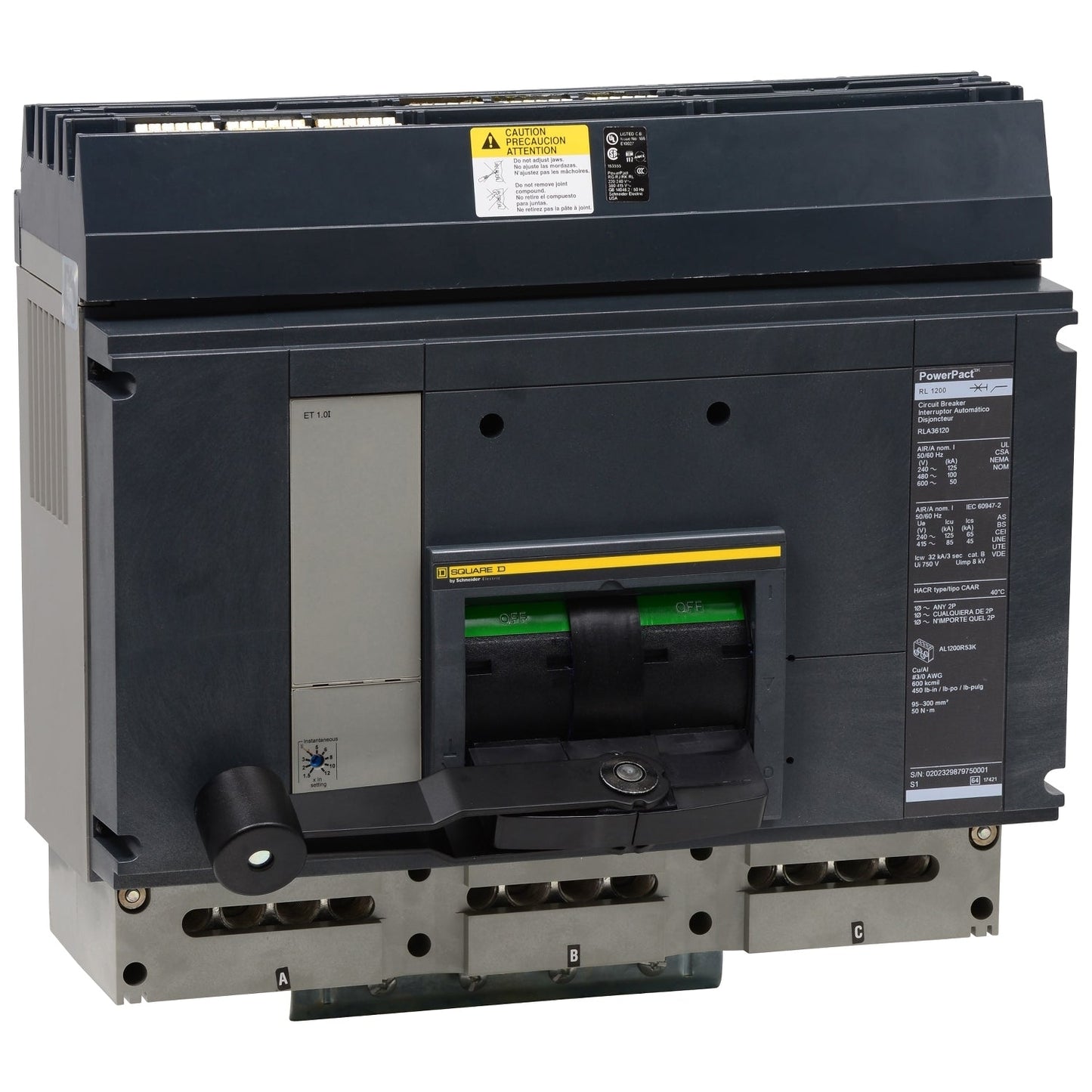 Square D RJA36120CU33A Circuit Breaker | 600V 1200A 3P 65kA@480V I-Line Style Plug-In Powerpact
