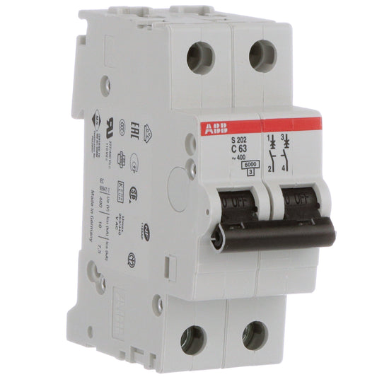 ABB S202-C63 Circuit Breaker | 480V 63A 2P 6kA@480V Feed-Thru S 200 Series