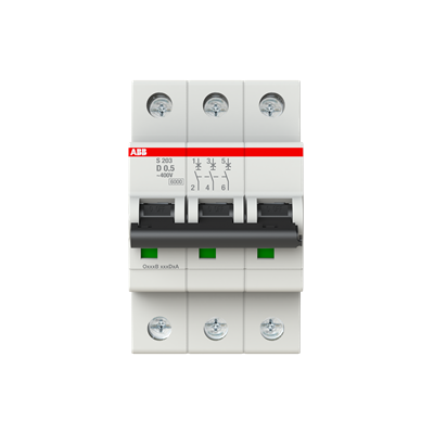 ABB S203-D0.5 Circuit Breaker | 480V 0.5A 3P 6kA@480V Feed-Thru S 200 Series