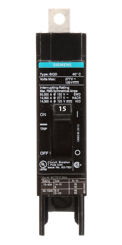 Siemens BQD115 Circuit Breaker | 277V 15A 1P 14kA@277V Bolt-on BQD Series