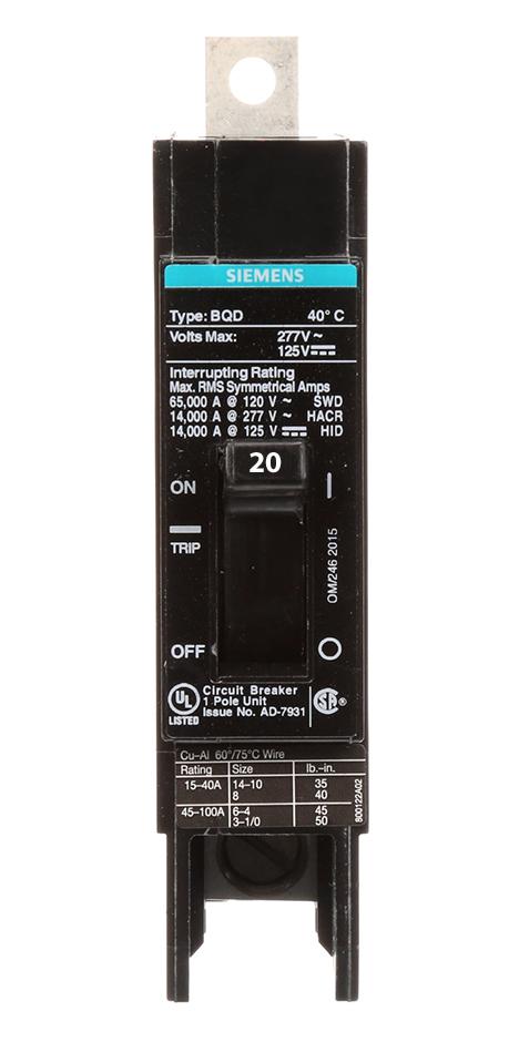 Siemens BQD120 Circuit Breaker | 277V 20A 1P 14kA@277V Bolt-on BQD Series