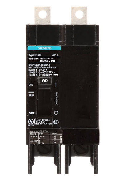 Siemens BQD260 Circuit Breaker | 480V 60A 2P 14kA@480V Bolt-On BQD Series