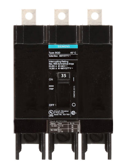 Siemens BQD335 Circuit Breaker | 480V 35A 3P 14kA@480V Bolt-on BQD Series