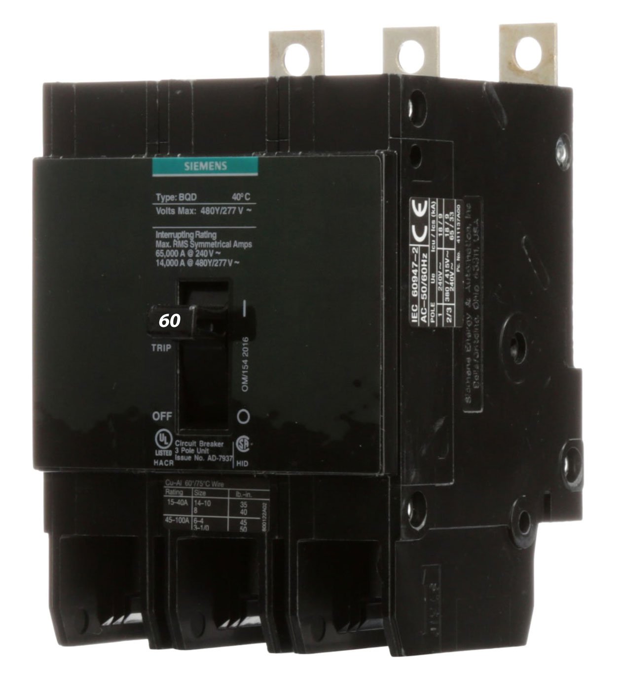 Siemens BQD360 Circuit Breaker | 480V 60A 3P 14kA@480V Bolt-on BQD Series