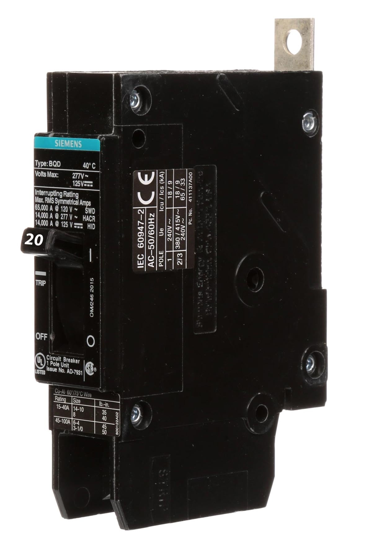 Siemens BQD6120 Circuit Breaker | 347V 20A 1P 10kA@347V Bolt-On BQD Series