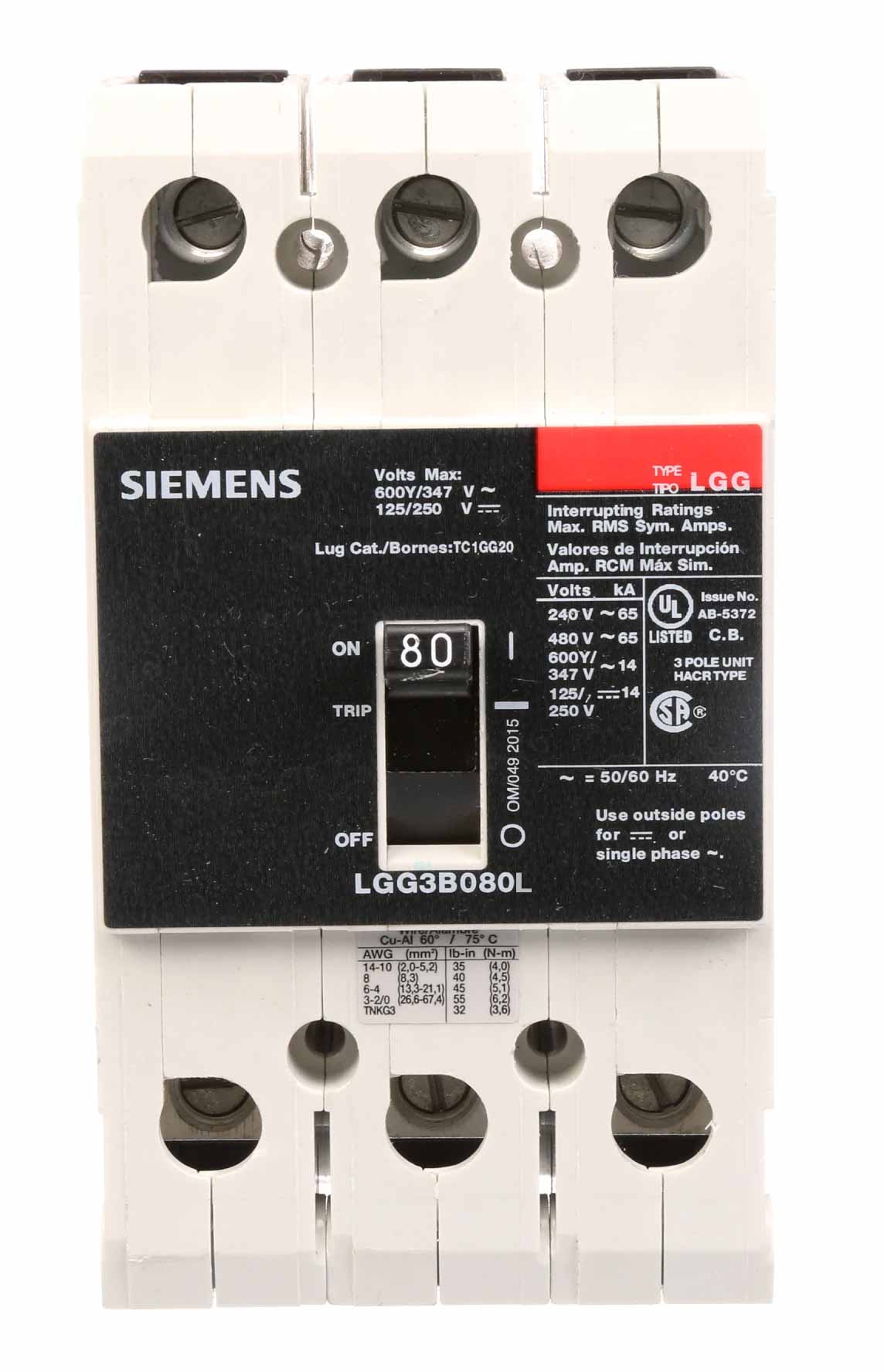 Siemens LGG3B080L Molded Case Circuit Breaker | 600V 80A 3P 65kA@480V Feed-Thru VL Series