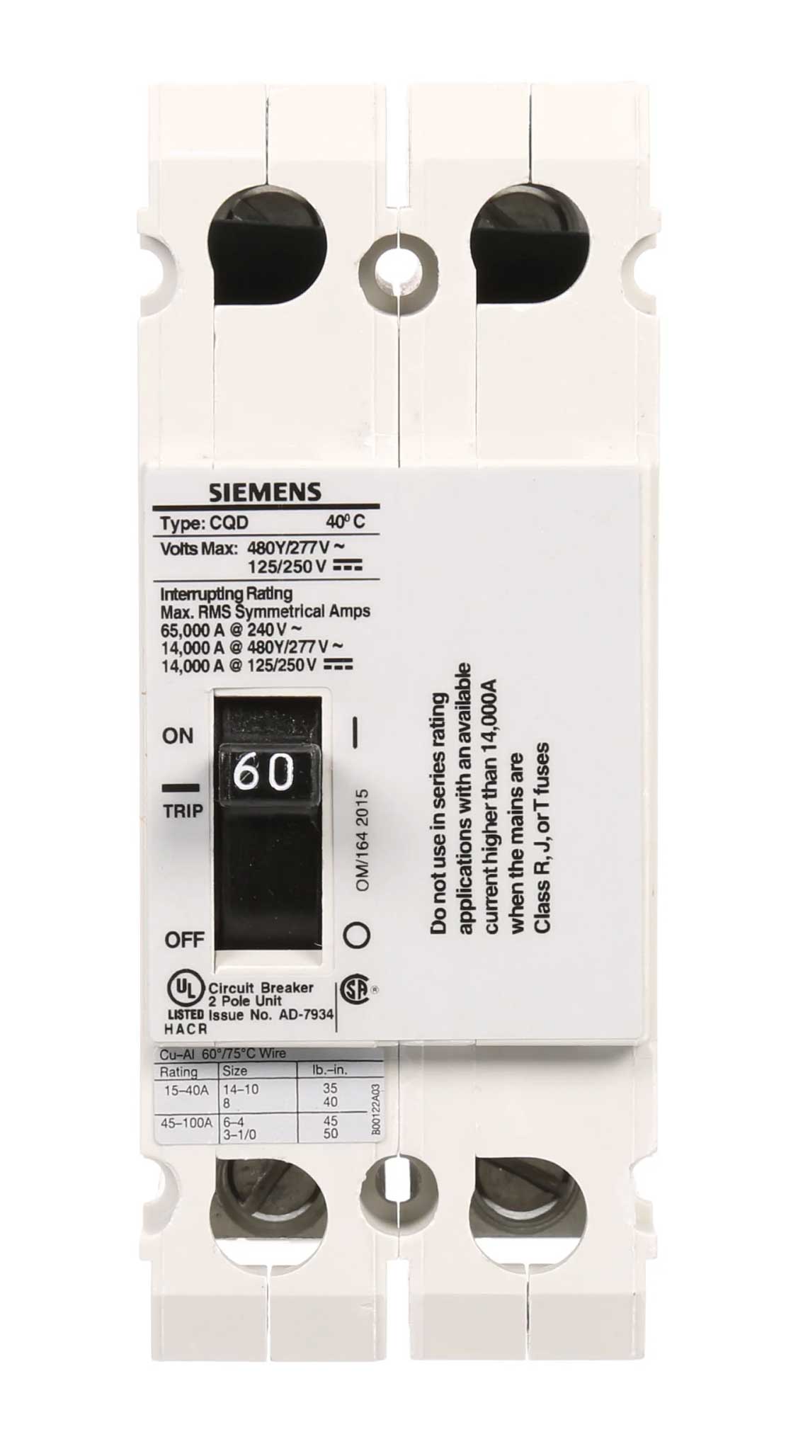 Siemens CQD260 Circuit Breaker | 480V 60A 2P 14kA@480V Feed-Thru CQD Series