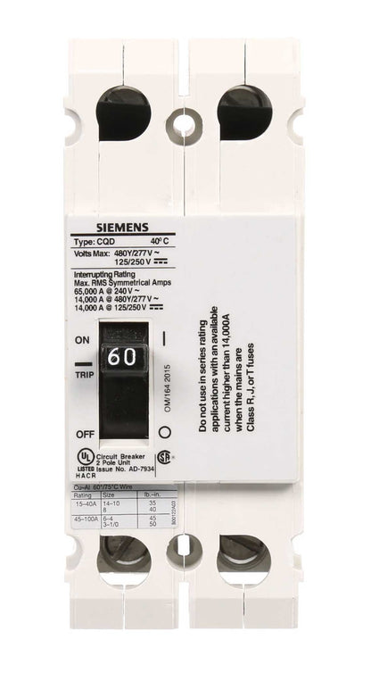 Siemens CQD260 Circuit Breaker | 480V 60A 2P 14kA@480V Feed-Thru CQD Series