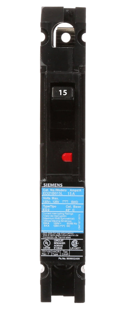 Siemens ED21B015L Circuit Breaker | 120V 15A 1P 10kA@120V Feed-Thru Sentron Series