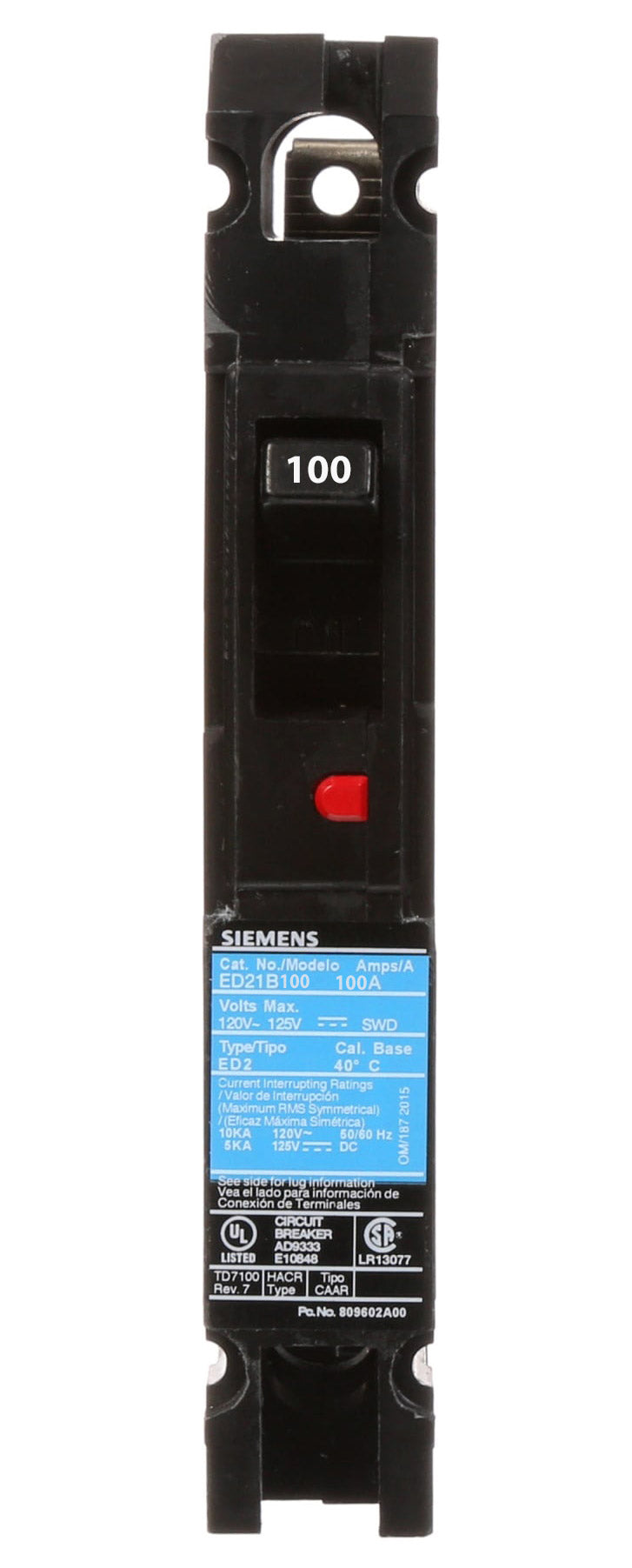 Siemens ED21B100L Circuit Breaker | 120V 100A 1P 10kA@120V Feed-Thru Sentron Series