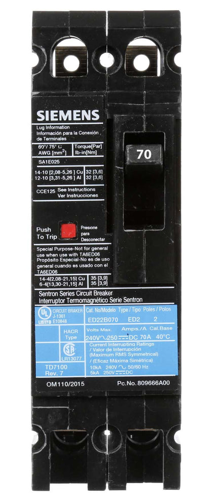 Siemens ED22B070L Circuit Breaker | 240V 70A 2P 10kA@240V Feed-Thru Sentron Series