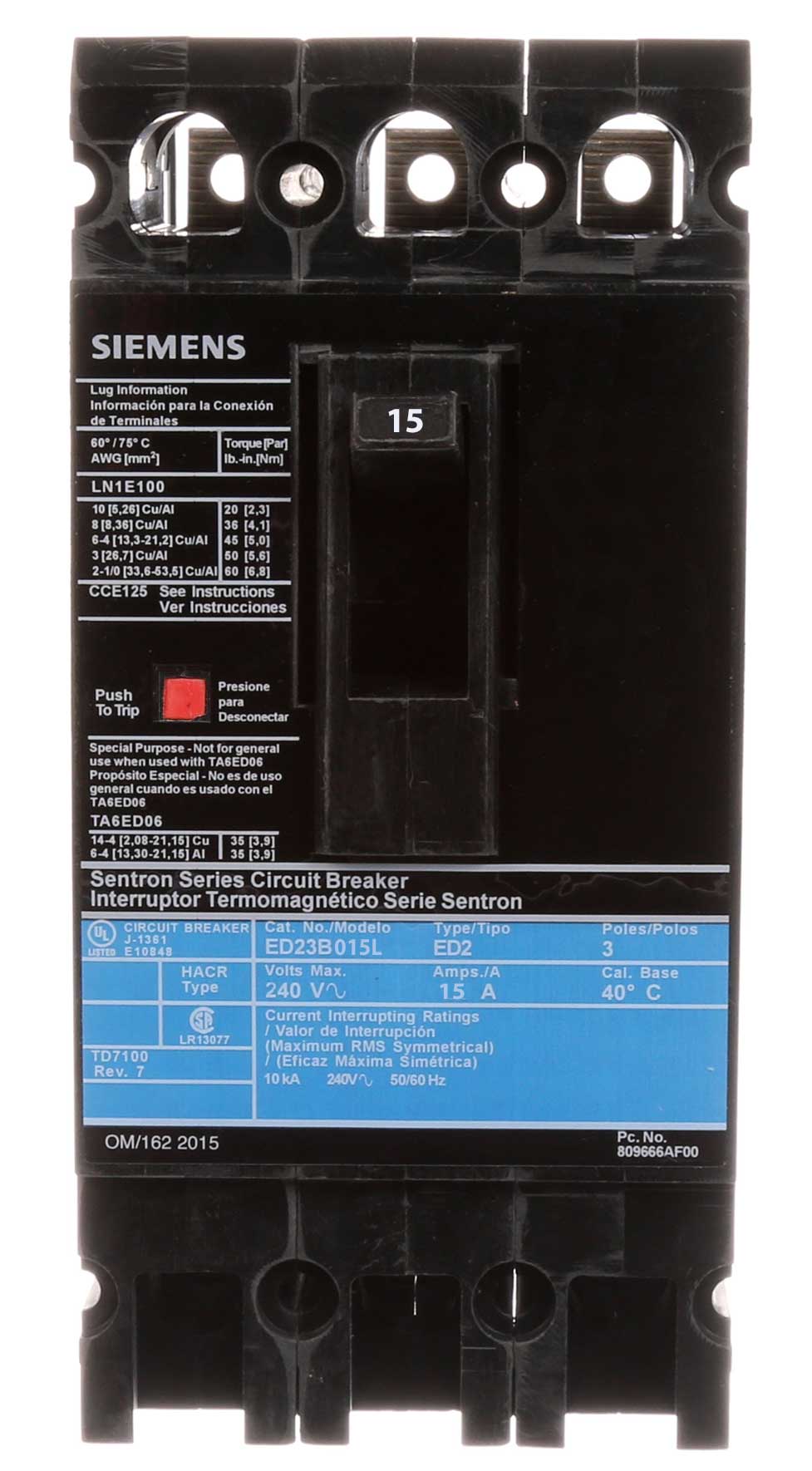 Siemens ED23B015L Circuit Breaker | Sentron Series ED 240V 15A