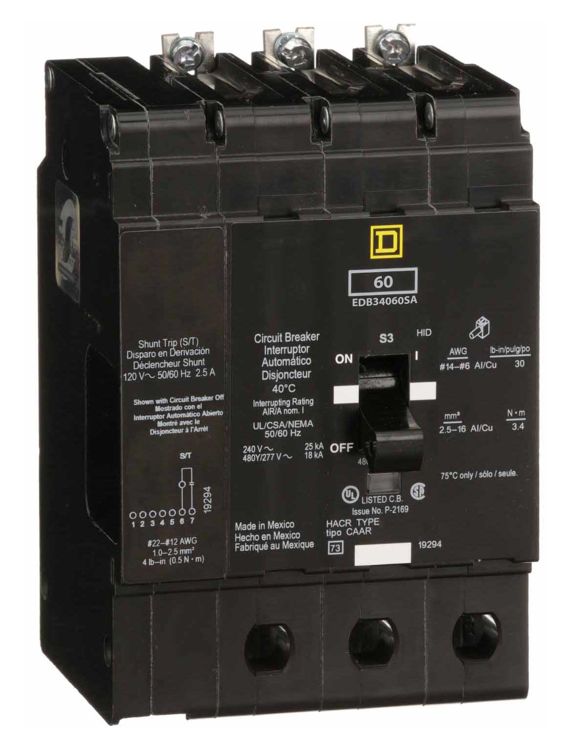 Square D EDB34060SA Molded Case Circuit Breaker | 480Y/277V 60A 3P 18kA@480V Bolt-On EDB Series