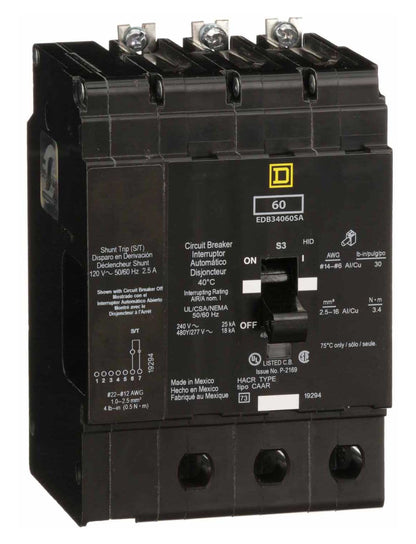 Square D EDB34060SA Molded Case Circuit Breaker | 480Y/277V 60A 3P 18kA@480V Bolt-On EDB Series