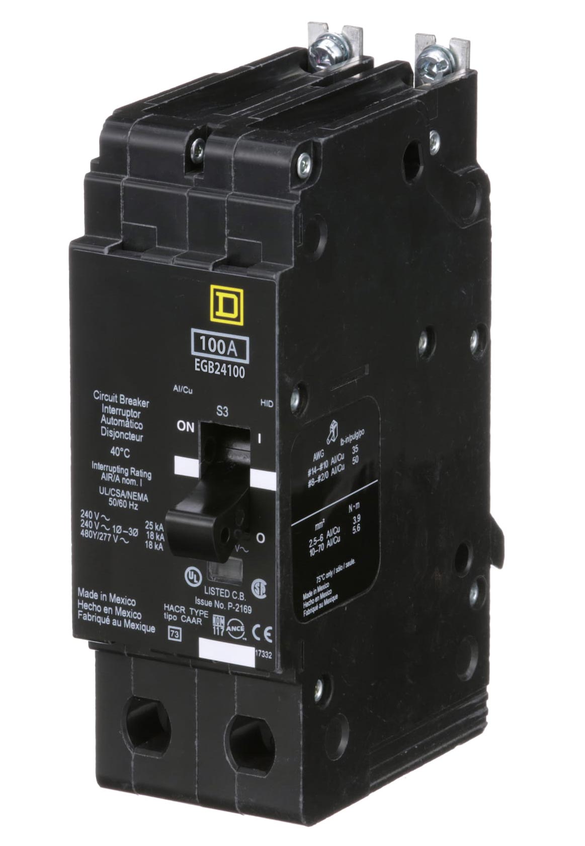 Square D EGB24100 Circuit Breaker | 480V 100A 2P 35kA@480V Bolt-On EGB Series