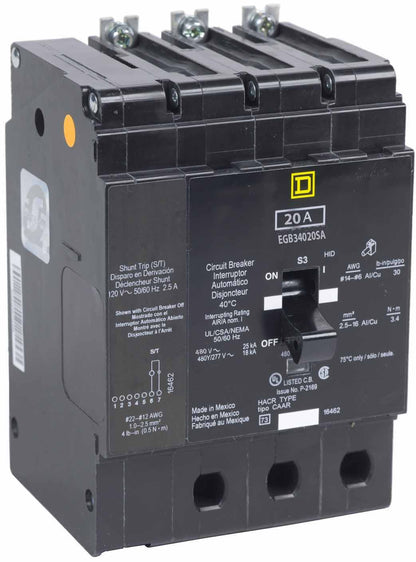 Square D EGB34020SA Circuit Breaker | 480V 20A 3P 35kA@480V Bolt-On EGB Series