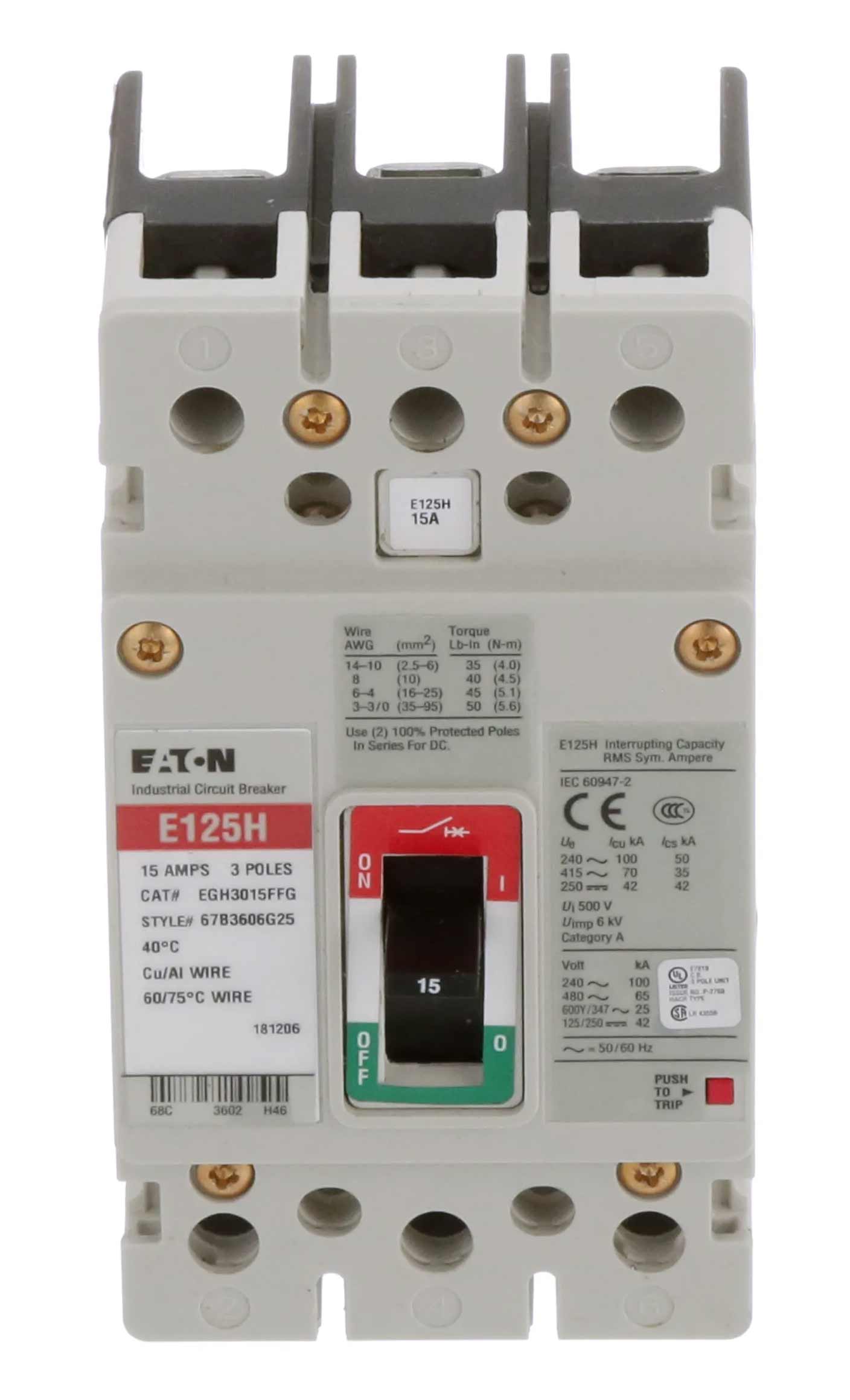 Cutler Hammer EGH3015FFG Molded Case Circuit Breaker | 600V 15A 3P 65kA@480V Bolt-On Series G