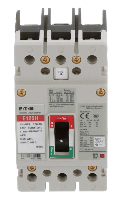 Cutler Hammer EGH3015FFG Molded Case Circuit Breaker | 600V 15A 3P 65kA@480V Bolt-On Series G