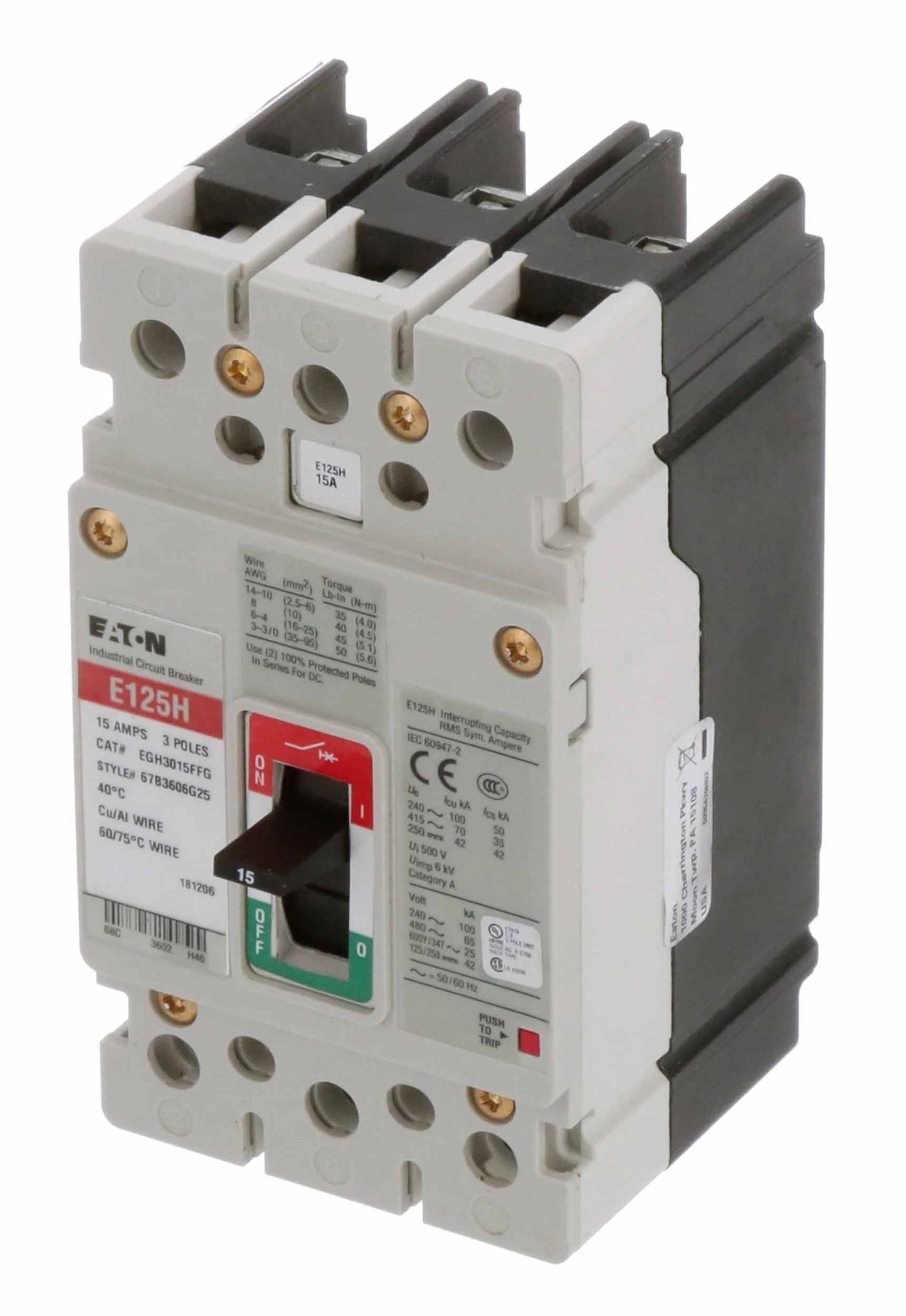 Cutler Hammer EGH3015FFG Molded Case Circuit Breaker | 600V 15A 3P 65kA@480V Bolt-On Series G