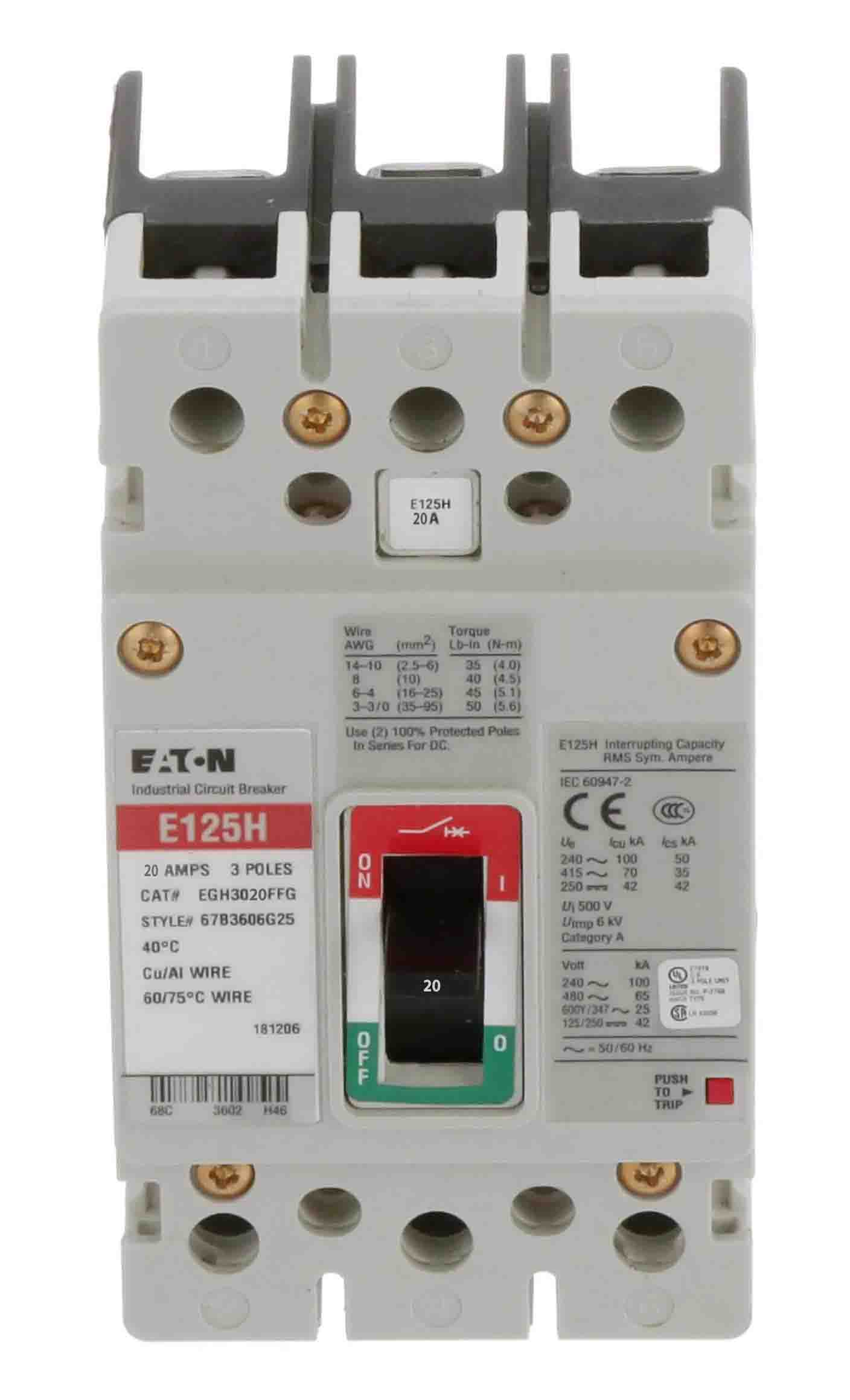 Cutler Hammer EGH3020FFG Circuit Breaker | Series G EGH 600V 20A