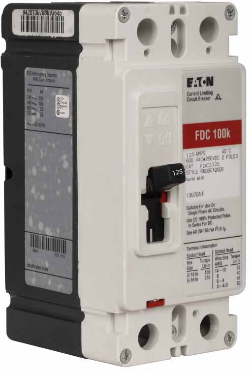Cutler Hammer FDC2125 Circuit Breaker | 600V 125A 2P 100kA@480V Bolt-On Series C
