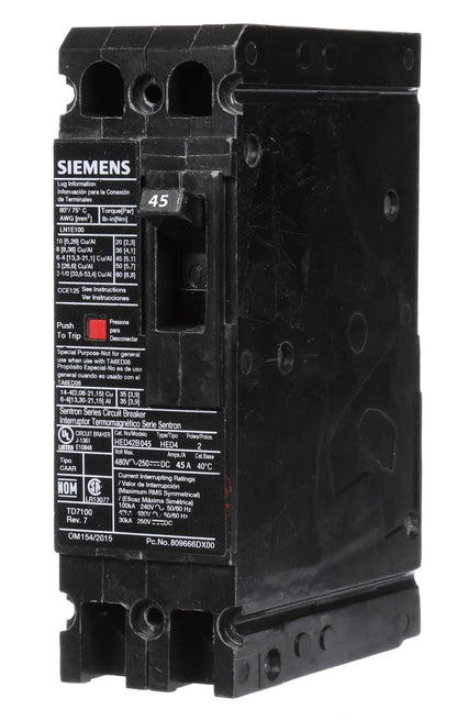Siemens HED42B045L Circuit Breaker | 480V 45A 2P 42kA@480V Bolt-On Sentron Series
