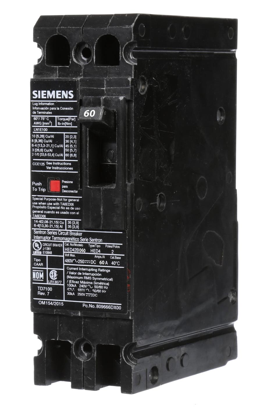 Siemens HED42B060 Circuit Breaker | 480V 60A 2P 42kA@480V Sentron Series