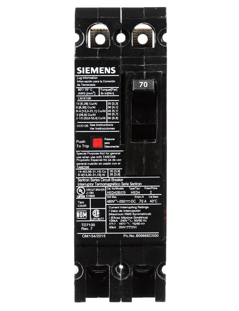 Siemens HED42B070 Circuit Breaker | 480V 70A 2P 42kA@480V Lug In Panelboard Sentron Series