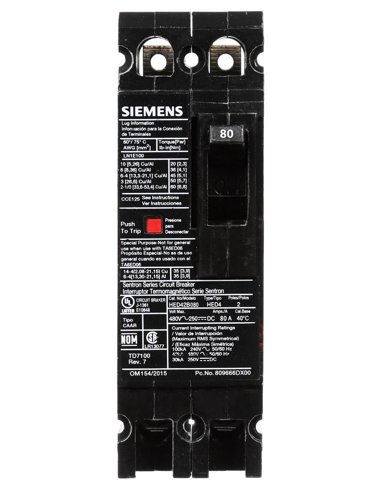 Siemens HED42B080 Circuit Breaker | 480V 80A 2P 42kA@480V Sentron Series