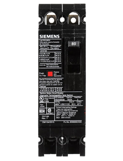 Siemens HED42B080 Circuit Breaker | 480V 80A 2P 42kA@480V Sentron Series