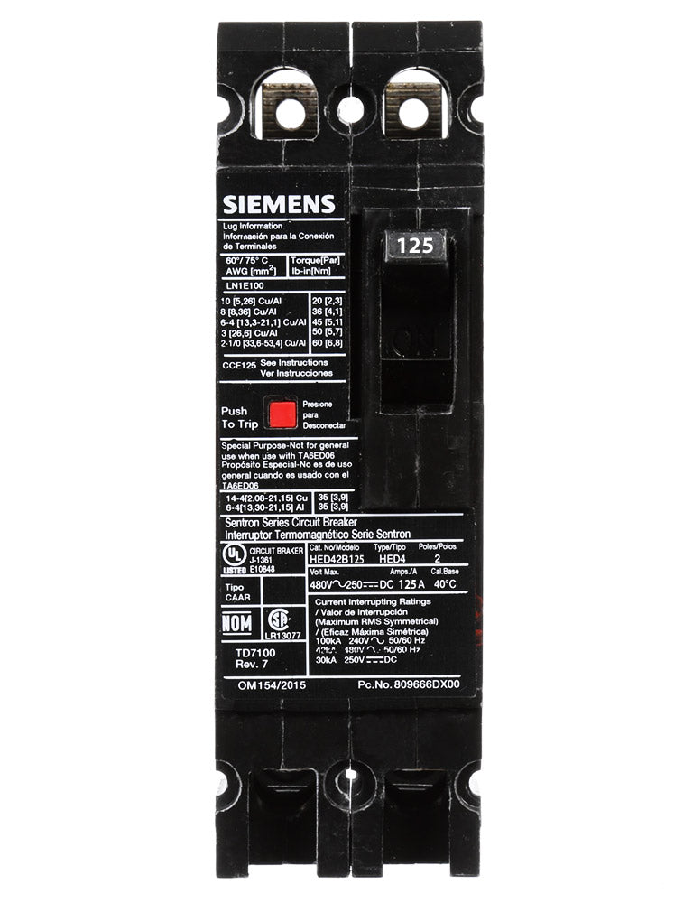 Siemens HED42B125L Circuit Breaker | 480V 110A 2 Pole 42kA@480V