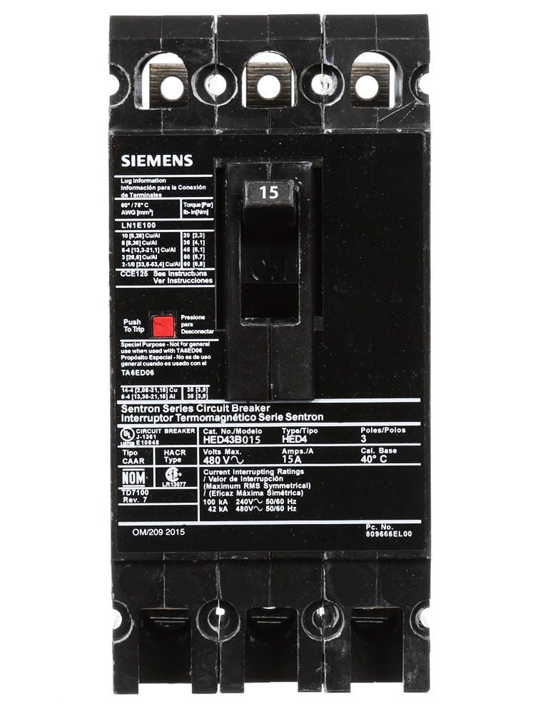 Siemens HED43B015L Circuit Breaker | 480V 15A 3P 42kA@480V Feed-Thru Sentron Series