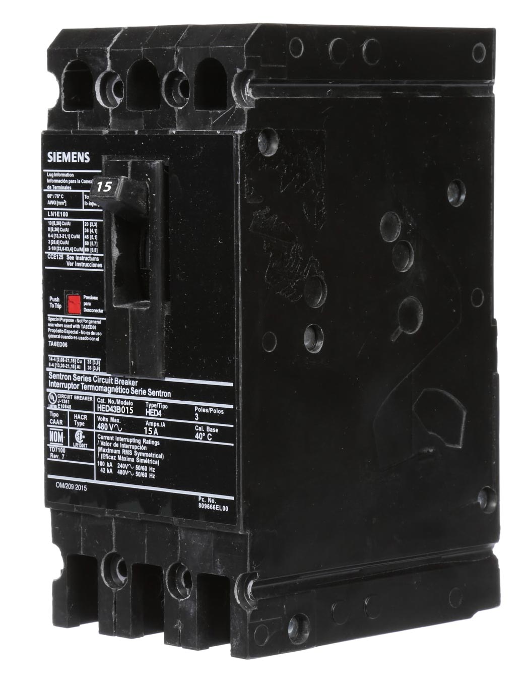 Siemens HED43B015 Circuit Breaker | 480V 15A 3P 42kA@480V Sentron Series