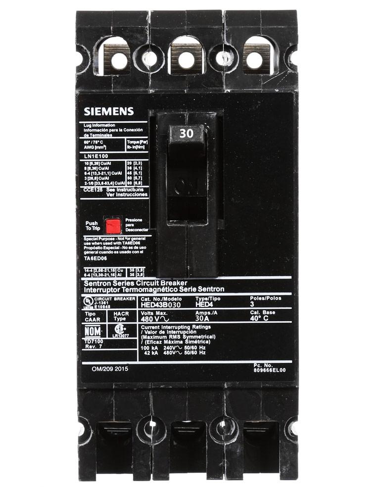 Siemens HED43B030 Circuit Breaker | 480V 30A 3P 42kA@480V Sentron Series
