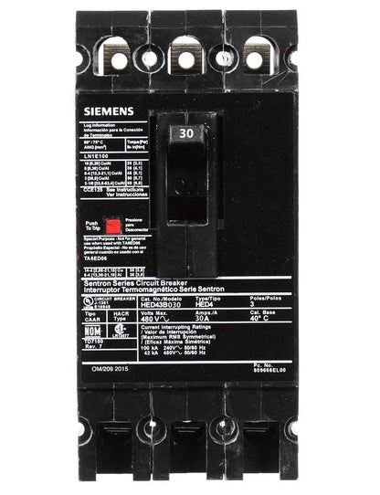 Siemens HED43B030 Circuit Breaker | 480V 30A 3P 42kA@480V Sentron Series