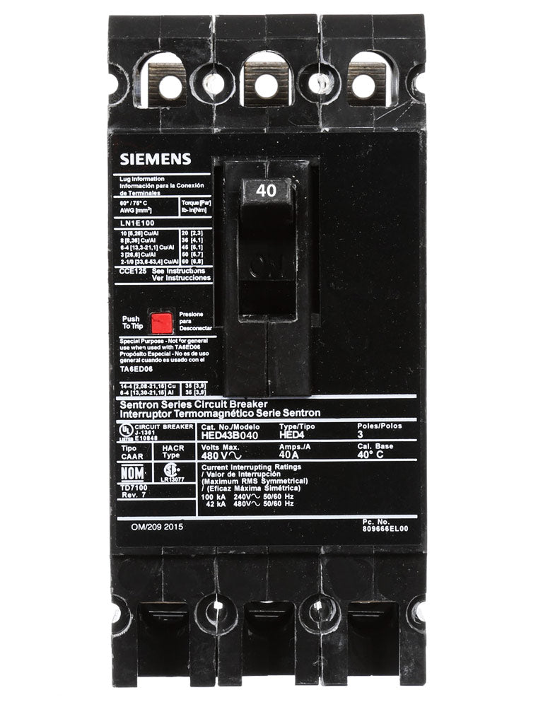 Siemens HED43B040L Circuit Breaker | 480V 40A 3P 42kA@480V Feed-Thru Sentron Series