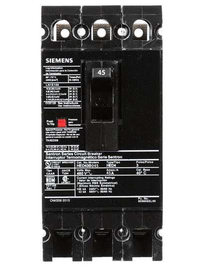 Siemens HED43B045 Circuit Breaker | 480V 45A 3P 42kA@480V Sentron Series