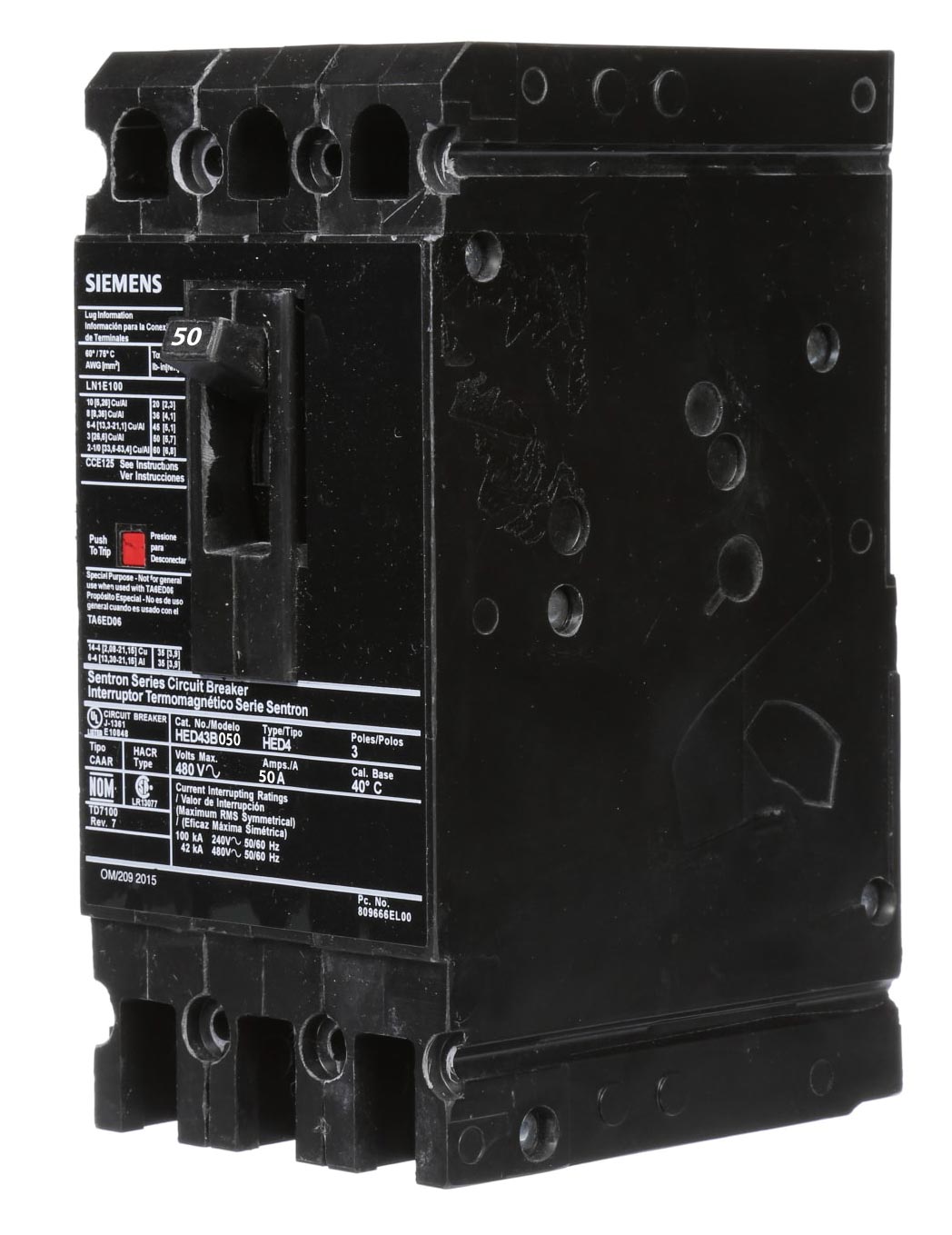 Siemens HED43B050L Circuit Breaker | 480V 50A 3P 42kA@480V Feed-Thru Sentron Series