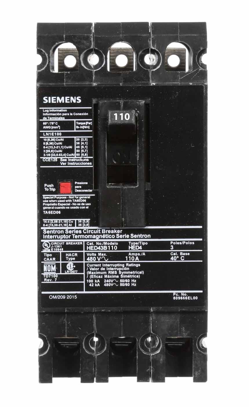 Siemens HED43B110L Circuit Breaker | 480V 110A 3P 42kA@480V Feed-Thru Sentron Series